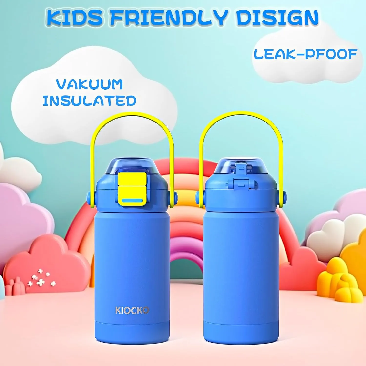 Kids Insulated Water Bottle with Pop-Open Straw & Spout 2-in-1 Lid,12oz Toddler Cups with Stainless Steel Leak Proof for School Travel Boys Girls（Blue）
