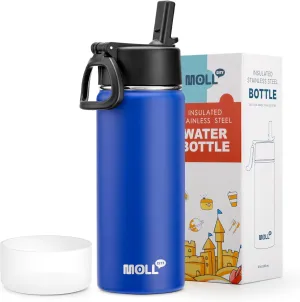Kids Insulated Water Bottle with Straw-18 oz Stainless Steel Double Wall Vacuum Wide Mouth Water Bottle for School-Metal Travel Water Flask with Silicone Boot (Navy)