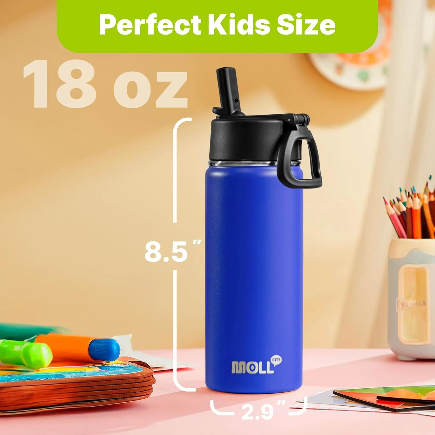 Kids Insulated Water Bottle with Straw-18 oz Stainless Steel Double Wall Vacuum Wide Mouth Water Bottle for School-Metal Travel Water Flask with Silicone Boot (Navy)
