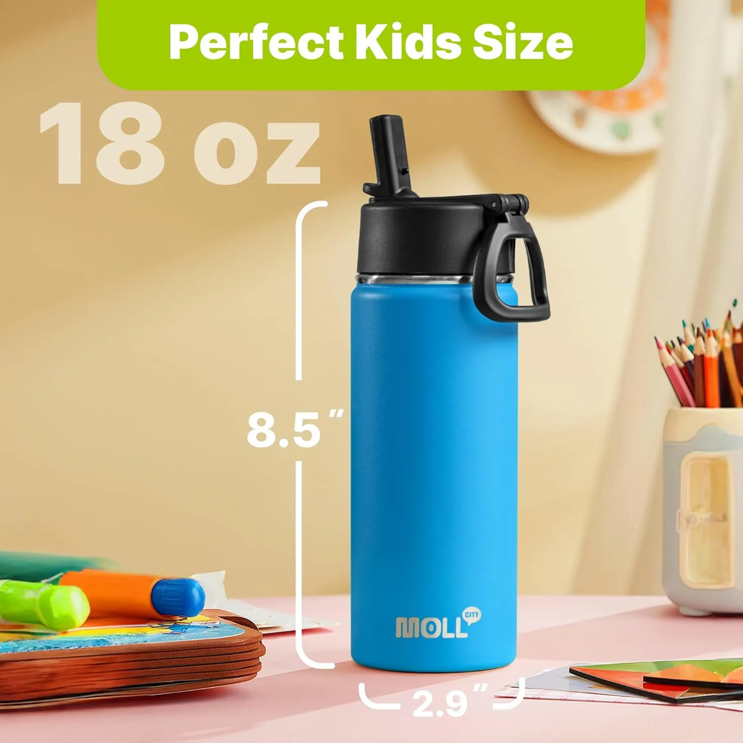 Kids Insulated Water Bottle with Straw-18 oz Stainless Steel Double Wall Vacuum Wide Mouth Water Bottle for School-Metal Travel Water Flask with Silicone Boot (Sky Blue)