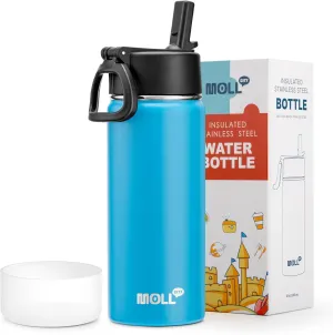 Kids Insulated Water Bottle with Straw-18 oz Stainless Steel Double Wall Vacuum Wide Mouth Water Bottle for School-Metal Travel Water Flask with Silicone Boot (Sky Blue)