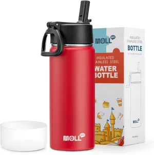 Kids Insulated Water Bottle with Straw-18 oz Stainless Steel Double Wall Vacuum Wide Mouth Water Bottle with Silicone Boot for School,Travel (Canyon Red)