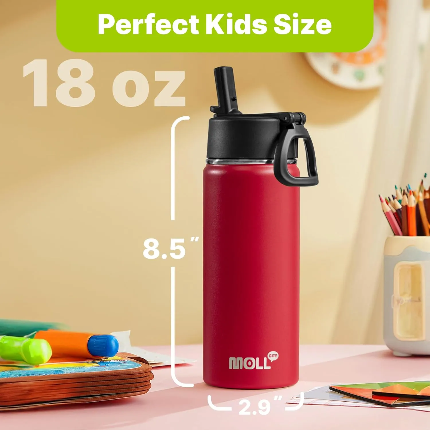 Kids Insulated Water Bottle with Straw-18 oz Stainless Steel Double Wall Vacuum Wide Mouth Water Bottle with Silicone Boot for School,Travel (Canyon Red)
