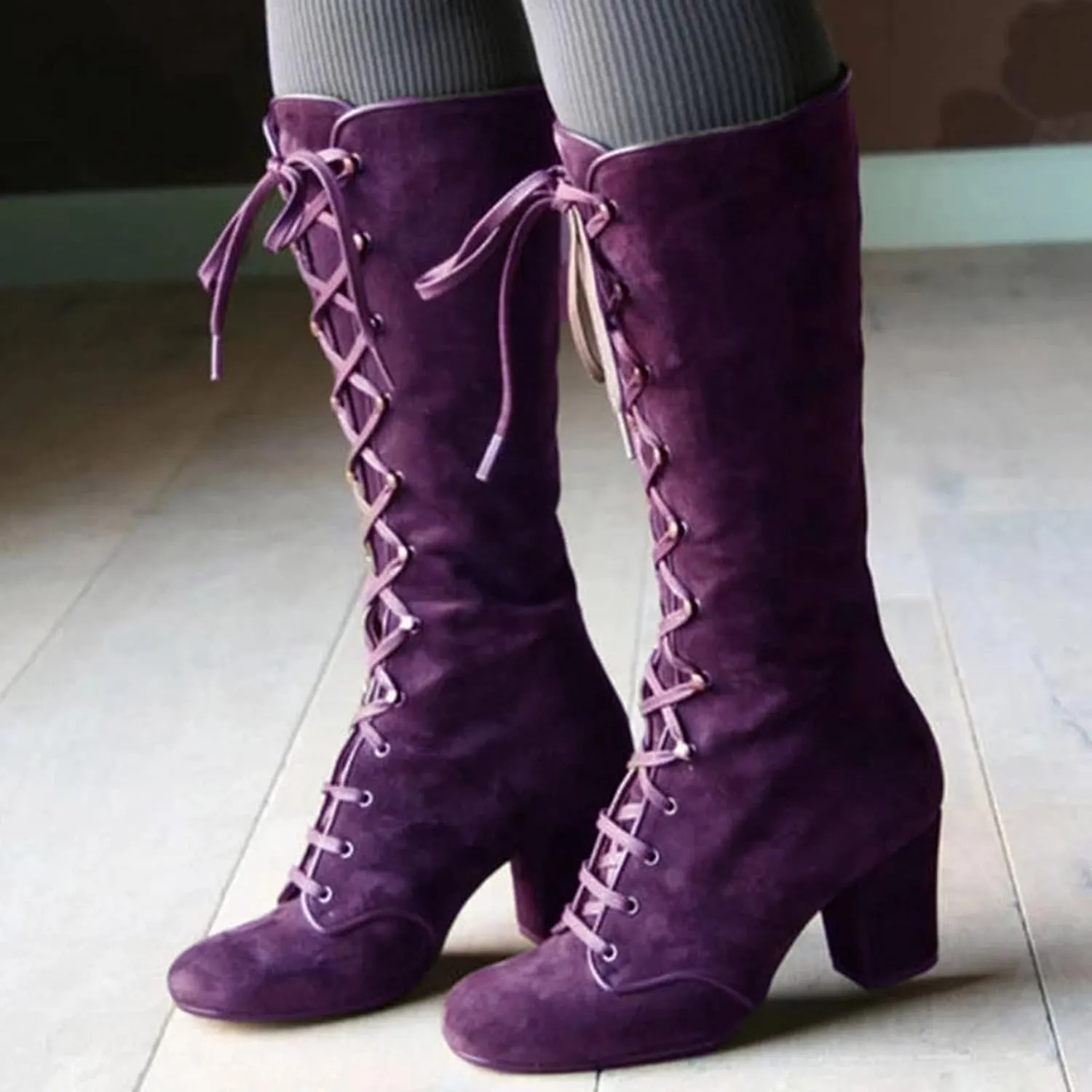 Knee High Boots Women Wide Calf Lace Up Knee High Boots Chunky Heel Vintage Retro Round Toe Lace Up Low Heel Shoes