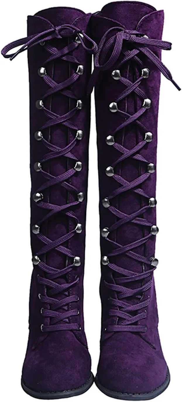Knee High Boots Women Wide Calf Lace Up Knee High Boots Chunky Heel Vintage Retro Round Toe Lace Up Low Heel Shoes
