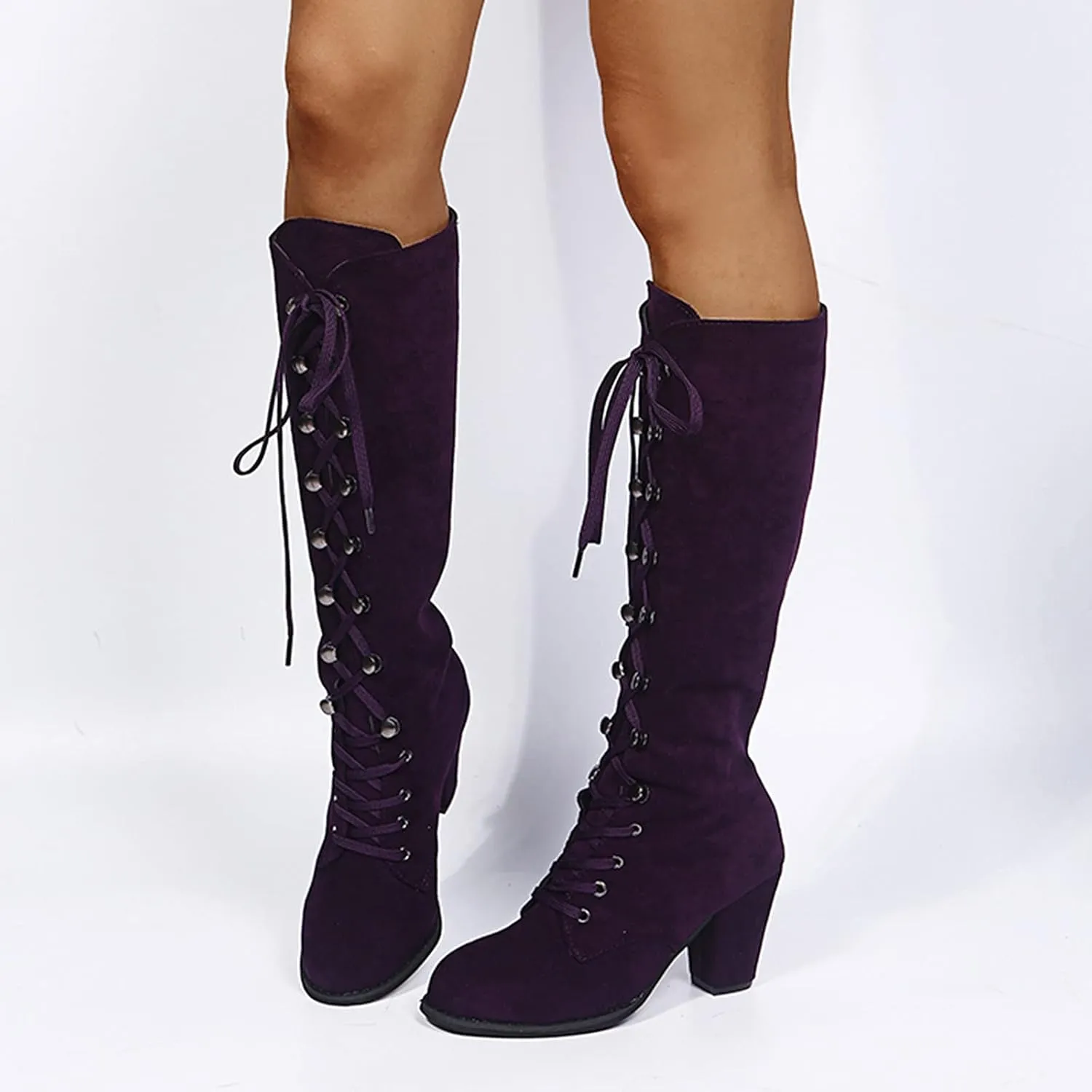 Knee High Boots Women Wide Calf Lace Up Knee High Boots Chunky Heel Vintage Retro Round Toe Lace Up Low Heel Shoes