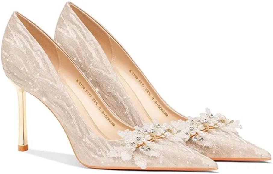 Ladies' high-Heeled Crystal Wedding Shoes,Pumps Ankle Strap Pointed Toe Stiletto Heels Engagement Shoes