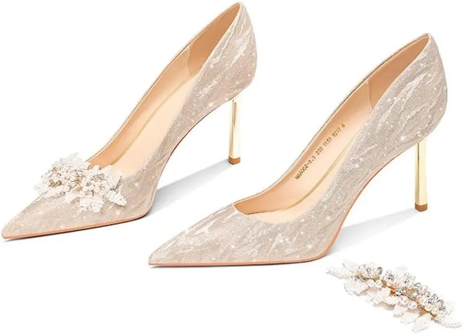 Ladies' high-Heeled Crystal Wedding Shoes,Pumps Ankle Strap Pointed Toe Stiletto Heels Engagement Shoes