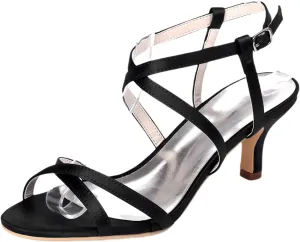 Ladies Open Toe Kitten Heel Sandals Wedding Low Heels Silver Satin Shoes Low Heel 6CM Bride Party Dress Cross Strappy
