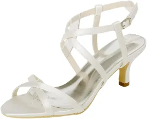 Ladies Open Toe Kitten Heel Sandals Wedding Low Heels Silver Satin Shoes Low Heel 6CM Bride Party Dress Cross Strappy