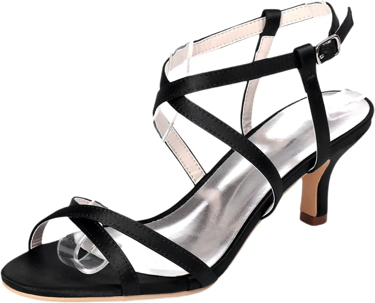 Ladies Open Toe Kitten Heel Sandals Wedding Low Heels Silver Satin Shoes Low Heel 6CM Bride Party Dress Cross Strappy