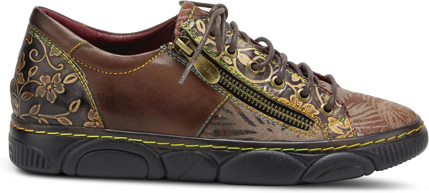 L'Artiste by Spring Step Women's Danli-Bloom Sneaker – Hand-Painted Leather Platform Shoes with Zipper & Lace-Up Closure, Removable Insole, Rainbow Stitching, Comfort Fit