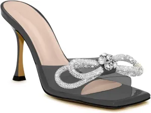 LauraVicci Women's Heeled Bow Mules Clear Sandals Square Open Toe Rhinestone Embellished Crystal Bowknot Transparent PVC Crystal Stiletto Slip On Evening Dress Party Wedding Shoes