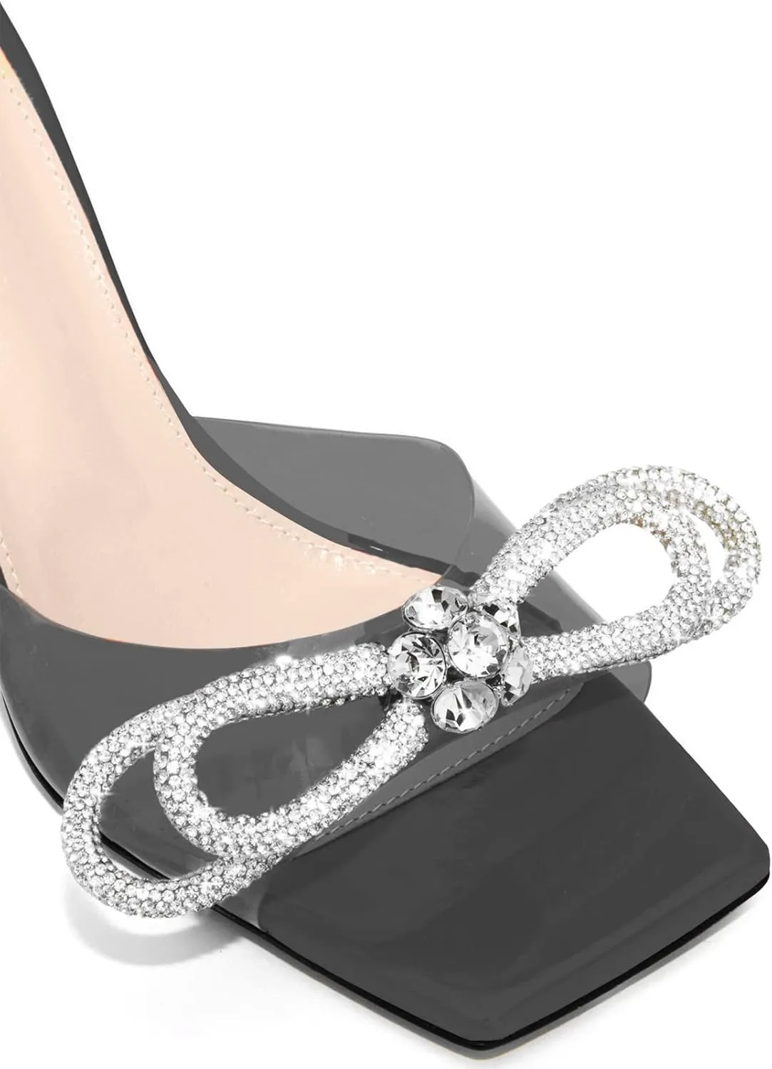 LauraVicci Women's Heeled Bow Mules Clear Sandals Square Open Toe Rhinestone Embellished Crystal Bowknot Transparent PVC Crystal Stiletto Slip On Evening Dress Party Wedding Shoes