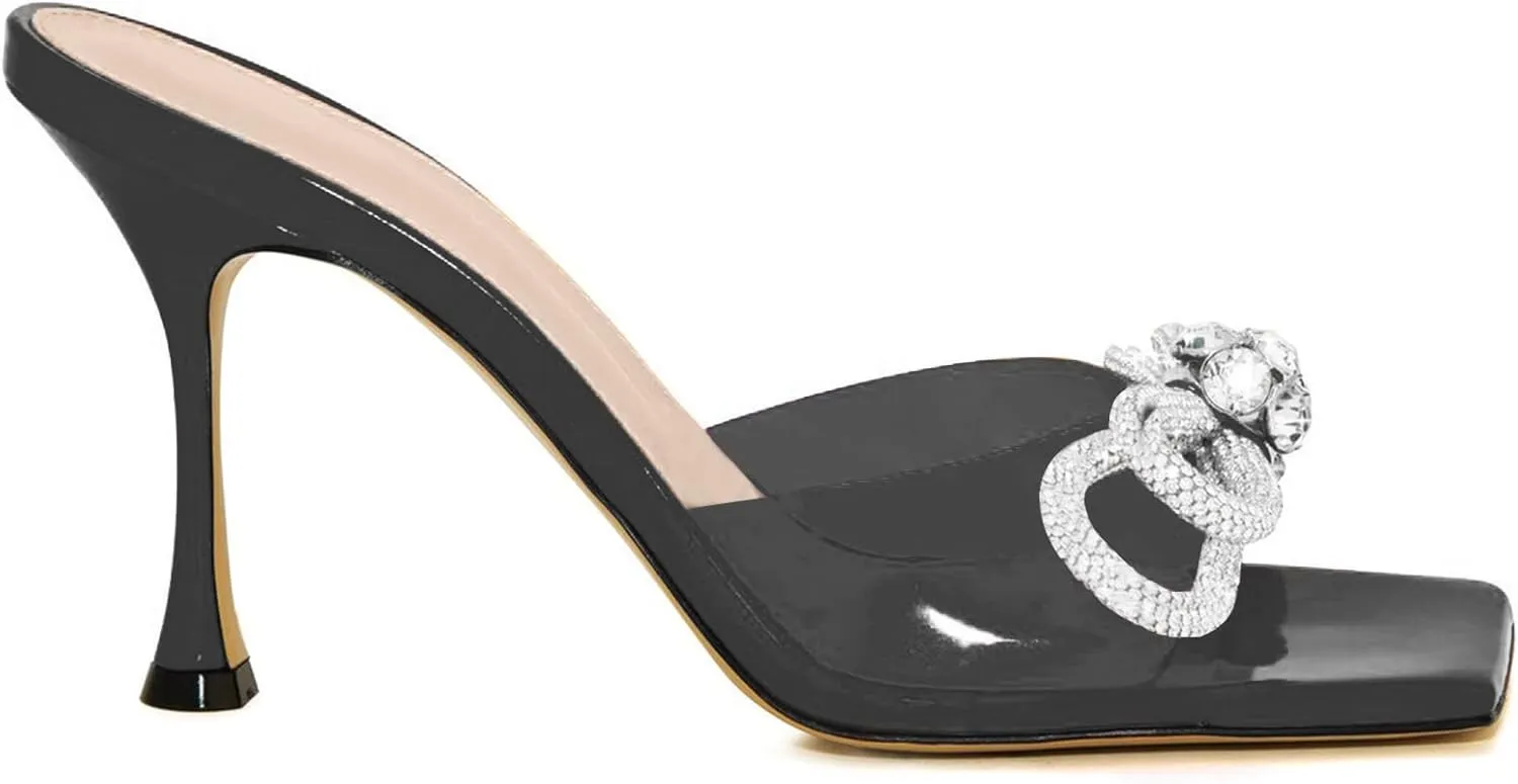 LauraVicci Women's Heeled Bow Mules Clear Sandals Square Open Toe Rhinestone Embellished Crystal Bowknot Transparent PVC Crystal Stiletto Slip On Evening Dress Party Wedding Shoes