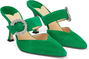 LauraVicci Women's Heeled Mules Crystal Horseshoe Buckle Pointed Toe Slip on Sandals 3.5 inches Curved Stiletto Heel Shoes