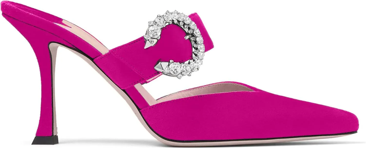 LauraVicci Women's Heeled Mules Crystal Horseshoe Buckle Pointed Toe Slip on Sandals 3.5 inches Curved Stiletto Heel Shoes
