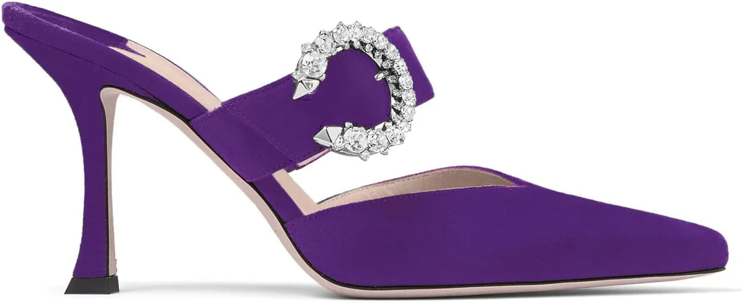 LauraVicci Women's Heeled Mules Crystal Horseshoe Buckle Pointed Toe Slip on Sandals 3.5 inches Curved Stiletto Heel Shoes