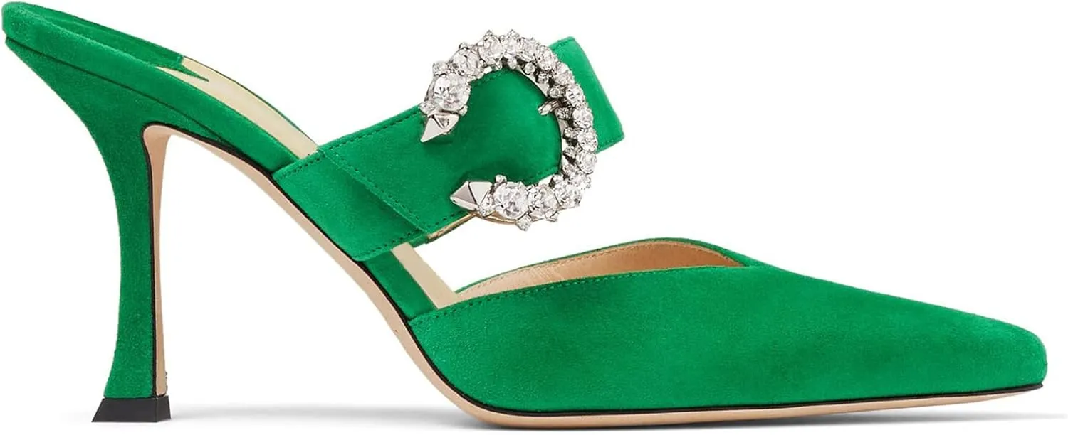 LauraVicci Women's Heeled Mules Crystal Horseshoe Buckle Pointed Toe Slip on Sandals 3.5 inches Curved Stiletto Heel Shoes