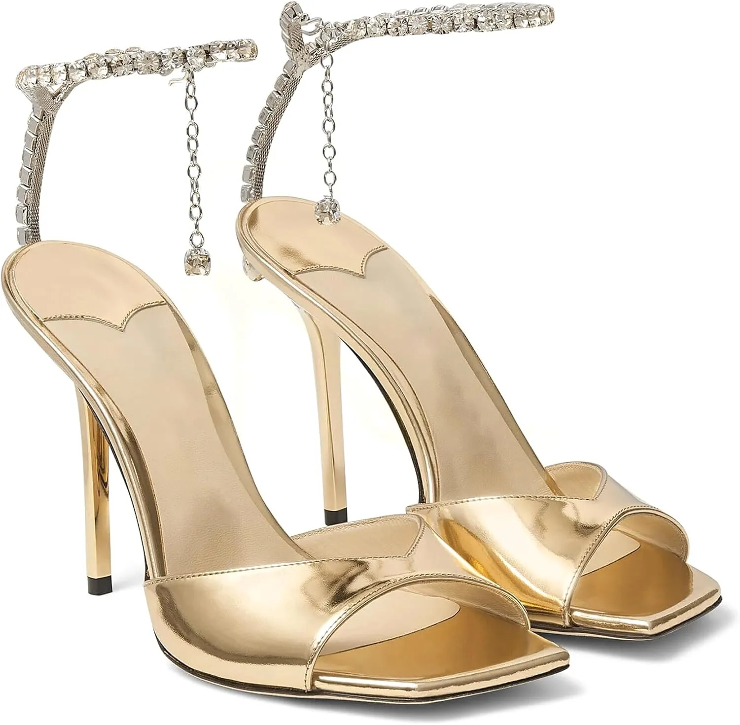 LauraVicci Women's High Heel Sandals Crystal Chain Ankle Straps Rhinestones Buckle Square Open Toe Stiletto High Heels Wedding Party Satin Dress Shoes