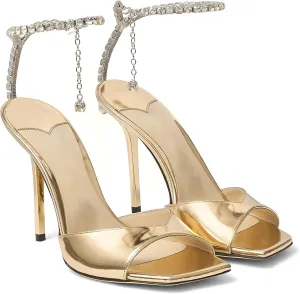 LauraVicci Women's High Heel Sandals Crystal Chain Ankle Straps Rhinestones Buckle Square Open Toe Stiletto High Heels Wedding Party Satin Dress Shoes
