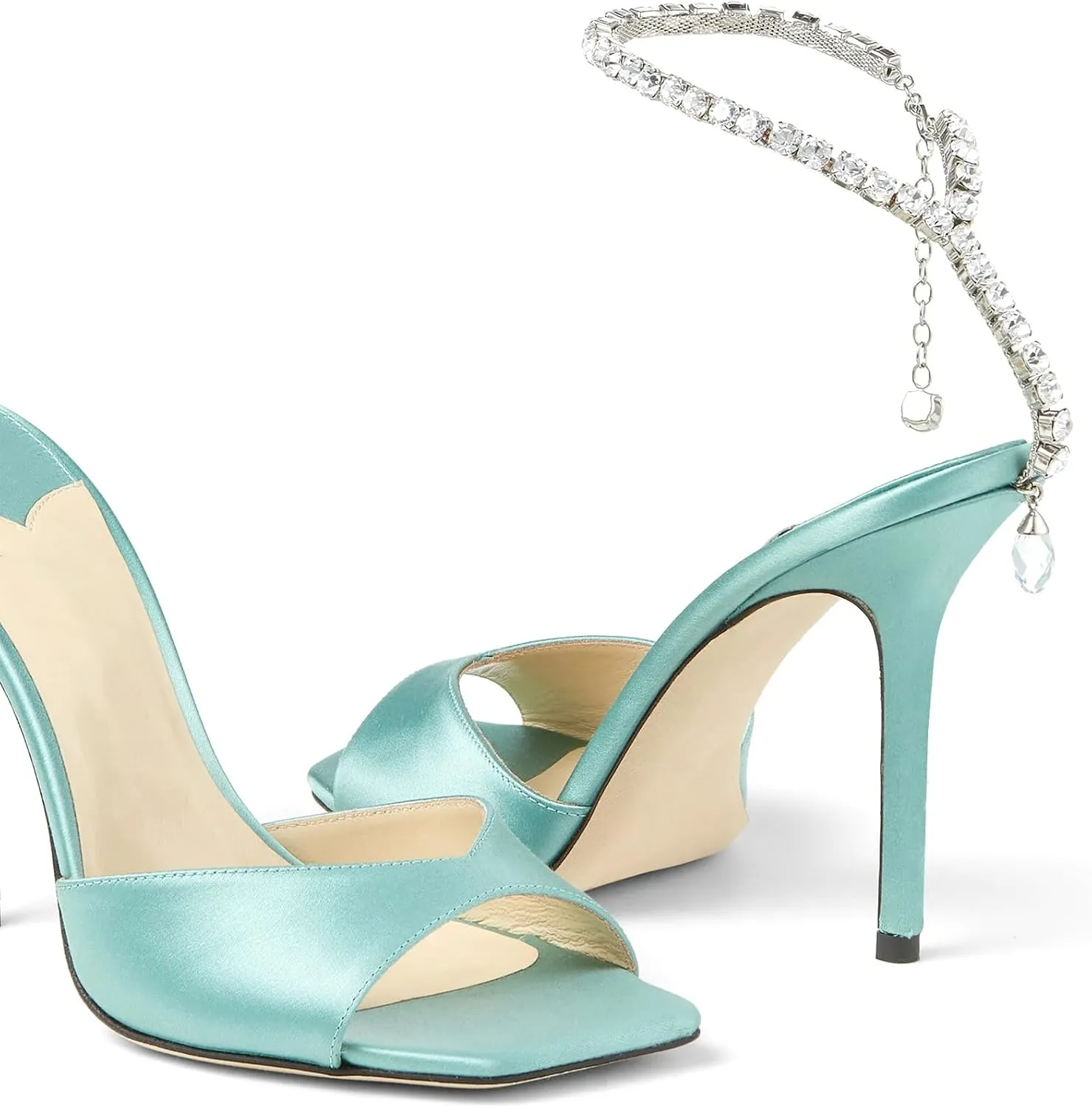 LauraVicci Women's High Heel Sandals Crystal Chain Ankle Straps Rhinestones Buckle Square Open Toe Stiletto High Heels Wedding Party Satin Dress Shoes
