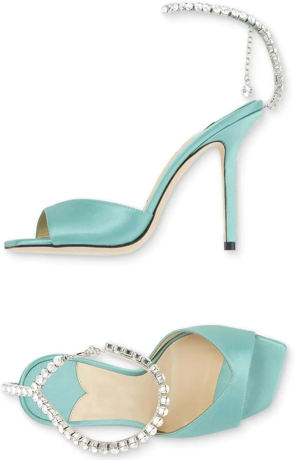 LauraVicci Women's High Heel Sandals Crystal Chain Ankle Straps Rhinestones Buckle Square Open Toe Stiletto High Heels Wedding Party Satin Dress Shoes