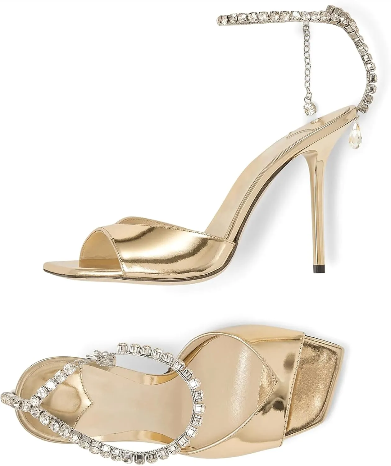 LauraVicci Women's High Heel Sandals Crystal Chain Ankle Straps Rhinestones Buckle Square Open Toe Stiletto High Heels Wedding Party Satin Dress Shoes