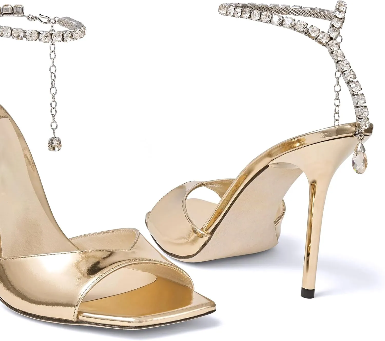 LauraVicci Women's High Heel Sandals Crystal Chain Ankle Straps Rhinestones Buckle Square Open Toe Stiletto High Heels Wedding Party Satin Dress Shoes