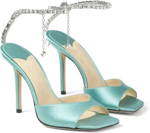 LauraVicci Women's High Heel Sandals Crystal Chain Ankle Straps Rhinestones Buckle Square Open Toe Stiletto High Heels Wedding Party Satin Dress Shoes
