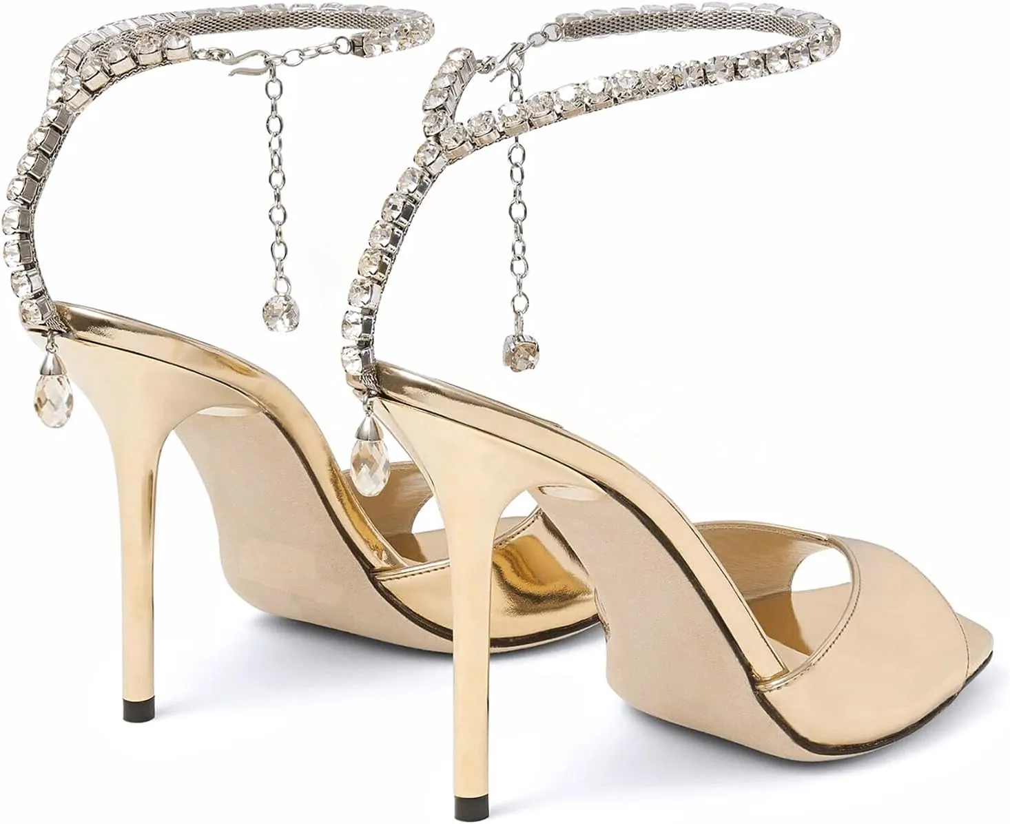 LauraVicci Women's High Heel Sandals Crystal Chain Ankle Straps Rhinestones Buckle Square Open Toe Stiletto High Heels Wedding Party Satin Dress Shoes