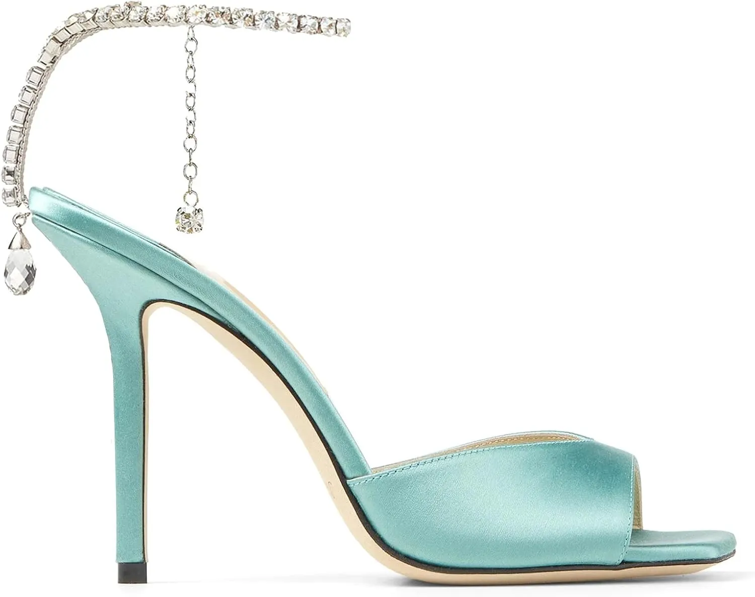 LauraVicci Women's High Heel Sandals Crystal Chain Ankle Straps Rhinestones Buckle Square Open Toe Stiletto High Heels Wedding Party Satin Dress Shoes