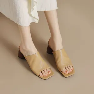 Leather Square Toe Block Heel Slides