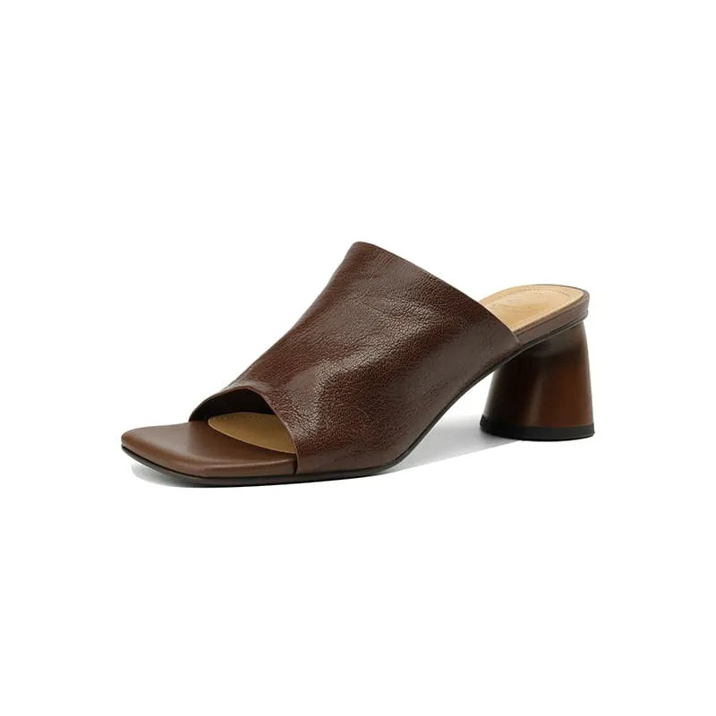 Leather Square Toe Block Heel Slides