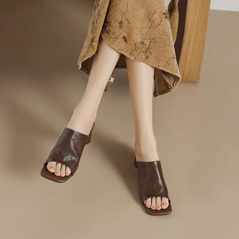 Leather Square Toe Block Heel Slides