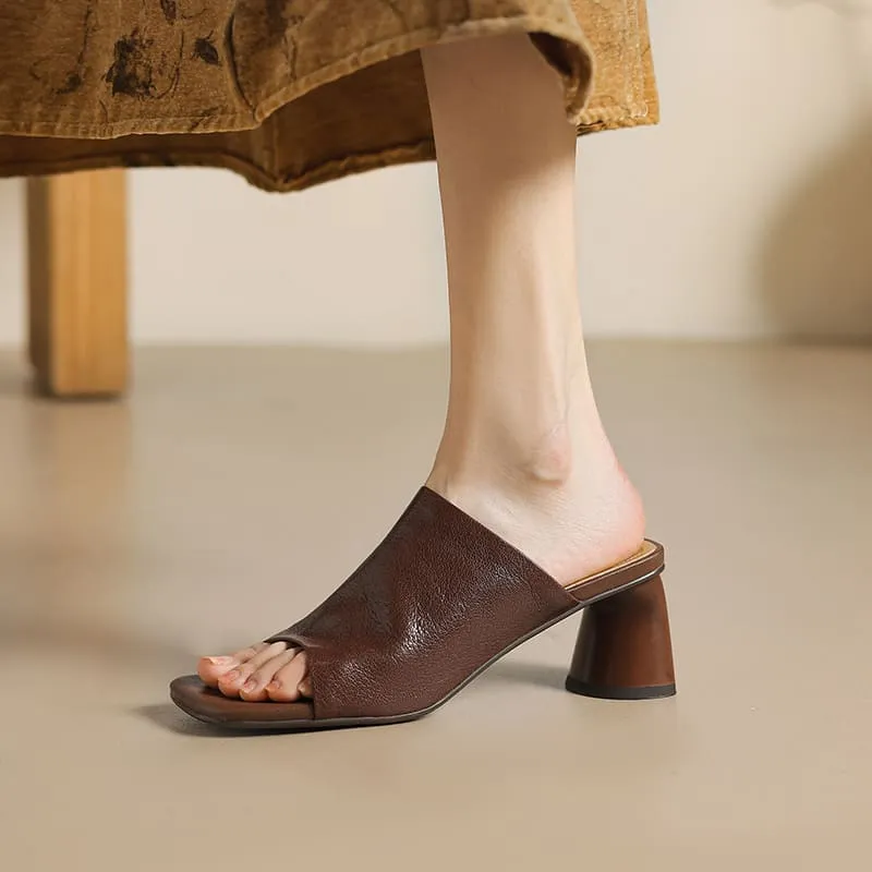 Leather Square Toe Block Heel Slides