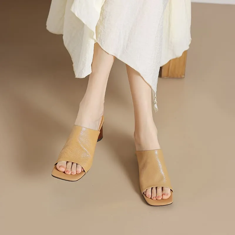 Leather Square Toe Block Heel Slides