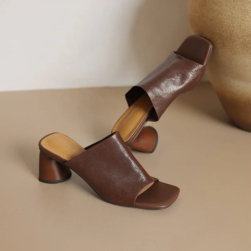 Leather Square Toe Block Heel Slides