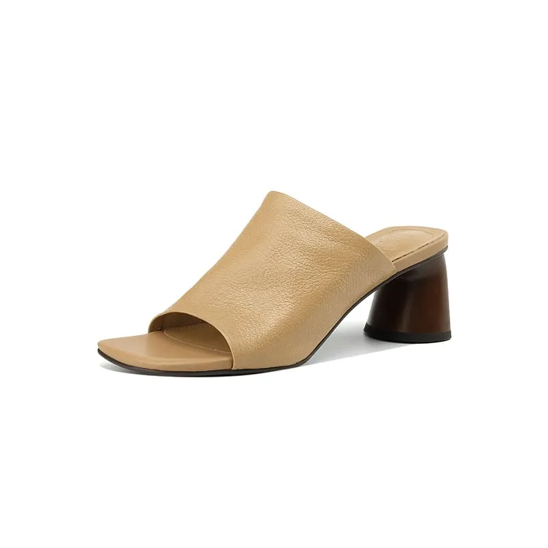 Leather Square Toe Block Heel Slides