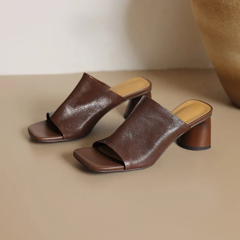 Leather Square Toe Block Heel Slides