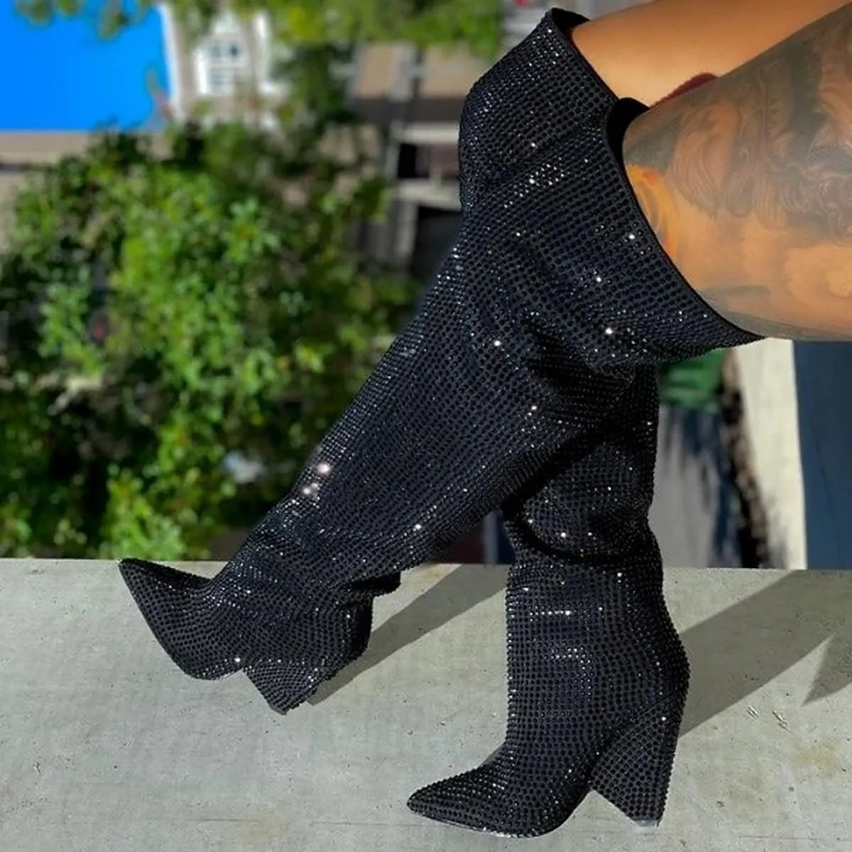 Liliana Women's Pointed Toe Fashion Rhinestones Boots Over Knee High Slouch Pull On Boots