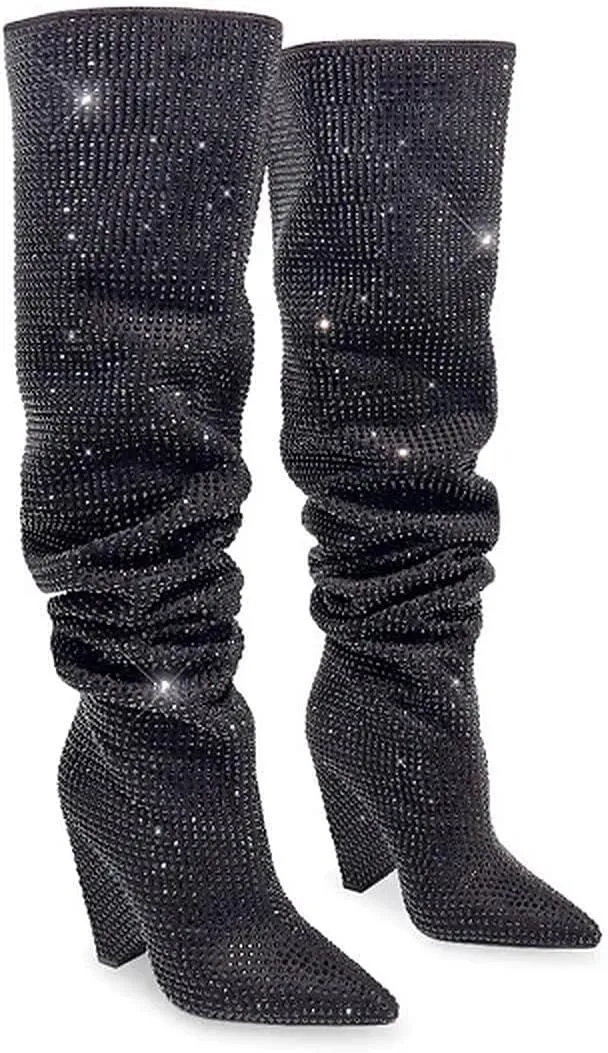Liliana Women's Pointed Toe Fashion Rhinestones Boots Over Knee High Slouch Pull On Boots