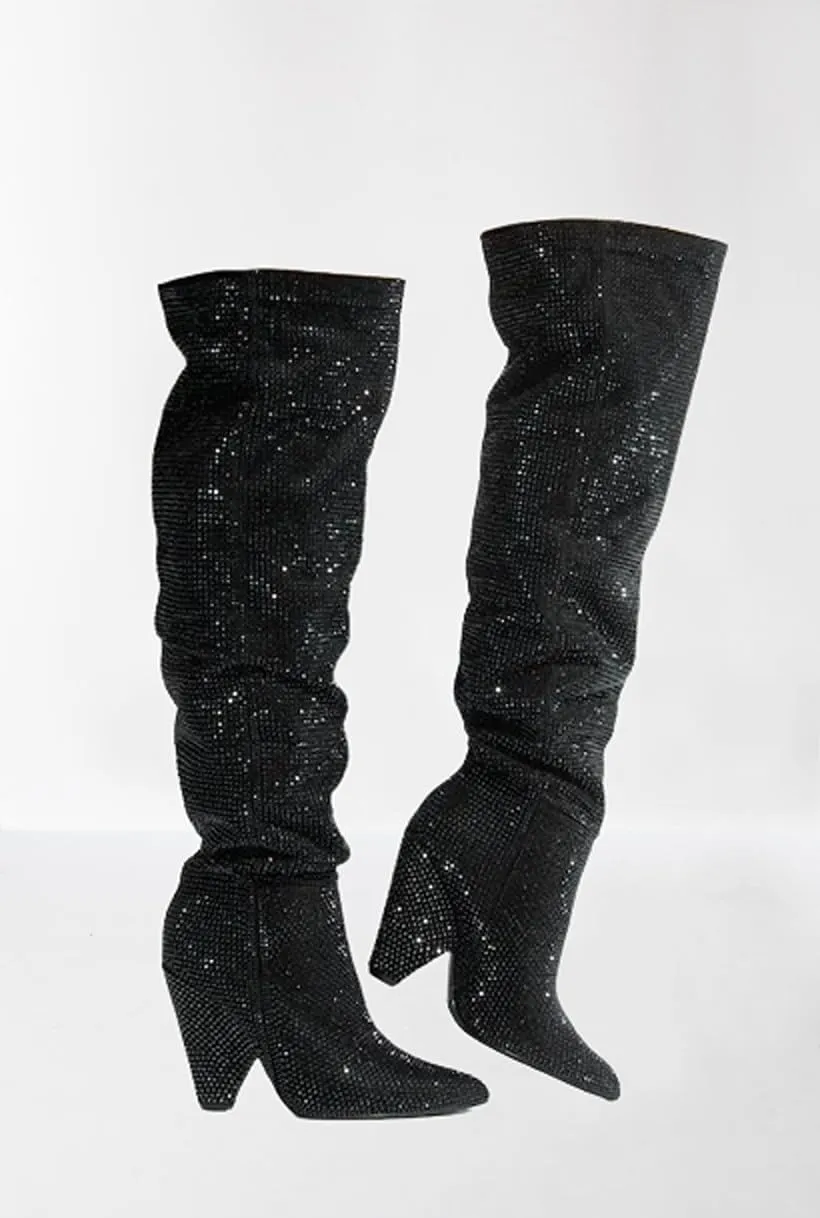 Liliana Women's Pointed Toe Fashion Rhinestones Boots Over Knee High Slouch Pull On Boots