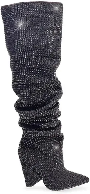 Liliana Women's Pointed Toe Fashion Rhinestones Boots Over Knee High Slouch Pull On Boots