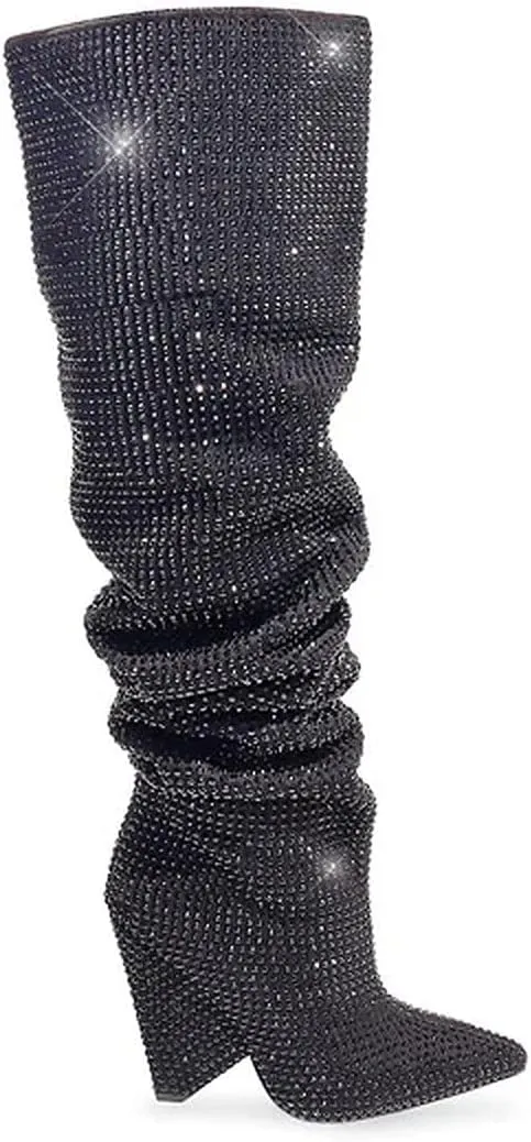 Liliana Women's Pointed Toe Fashion Rhinestones Boots Over Knee High Slouch Pull On Boots