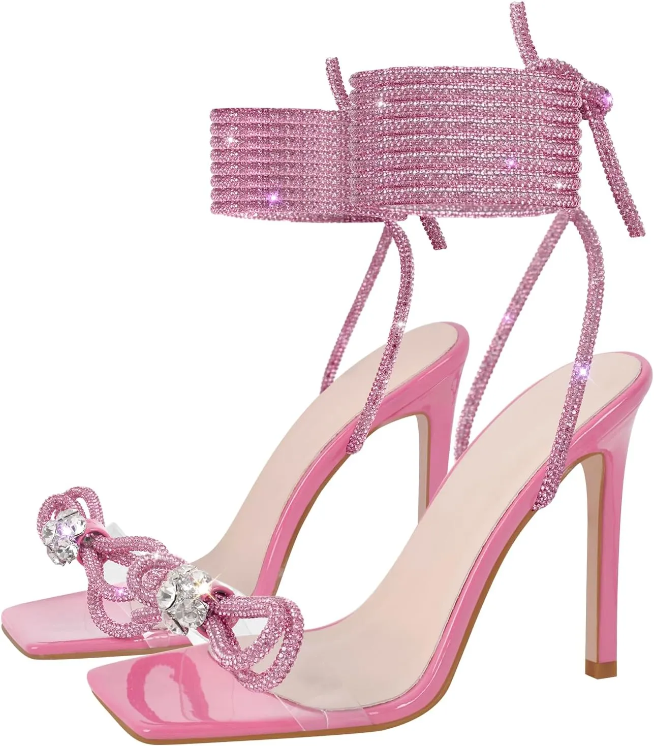 LISHAN Women's Diamond Rhinestone Lace Up Stilettos Sparkly Ankle Wrap Strappy Slim High Heels Clear Sandals