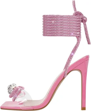 LISHAN Women's Diamond Rhinestone Lace Up Stilettos Sparkly Ankle Wrap Strappy Slim High Heels Clear Sandals