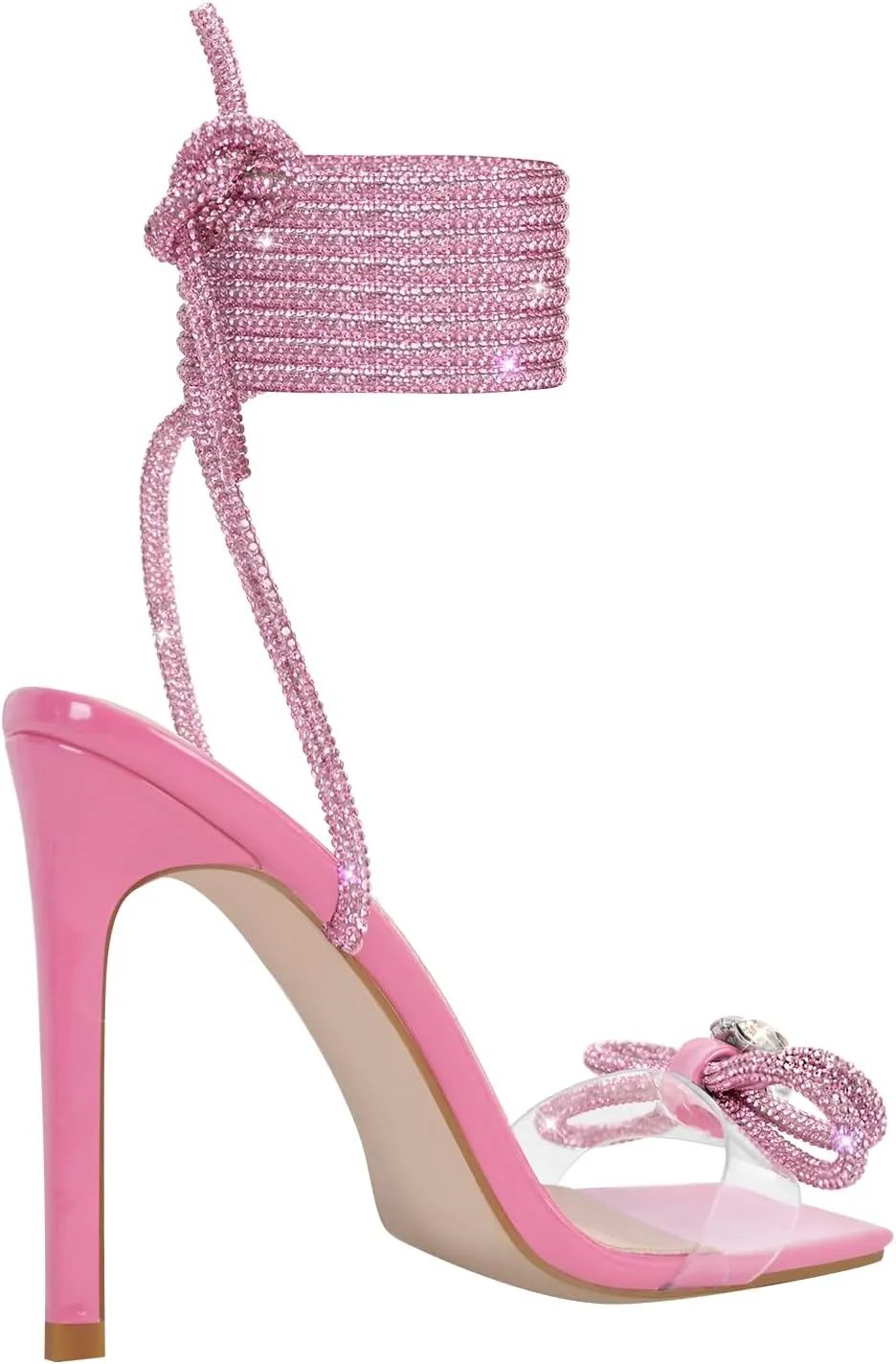 LISHAN Women's Diamond Rhinestone Lace Up Stilettos Sparkly Ankle Wrap Strappy Slim High Heels Clear Sandals
