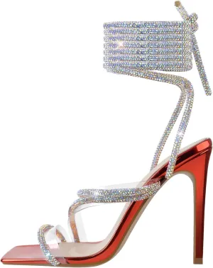 LISHAN Women's Slim High Heel Stilettos Rhinestone Glitter Crystal Sandals