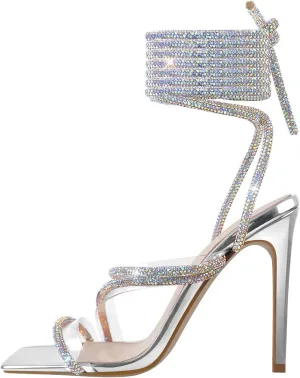 LISHAN Women's Slim High Heel Stilettos Rhinestone Glitter Crystal Sandals
